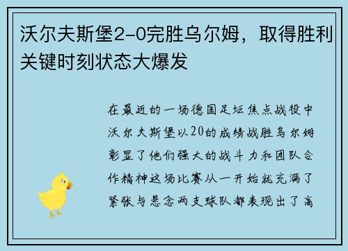 沃尔夫斯堡2-0完胜乌尔姆，取得胜利关键时刻状态大爆发